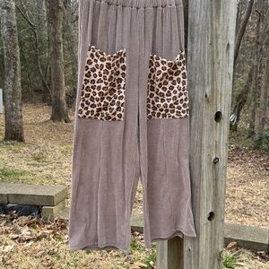 Lovely Melody Tan high waisted Wide Leg Pants with Leopard Pockets